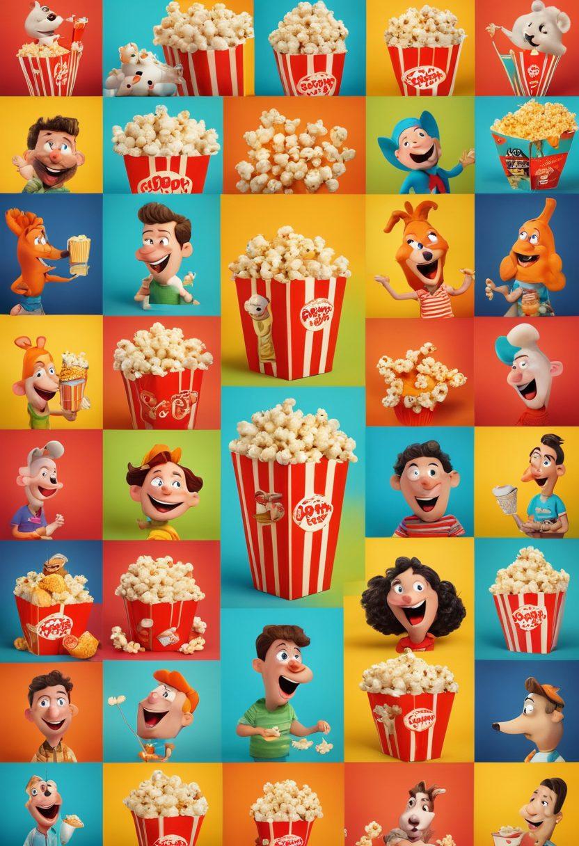 A collage of hilarious moments captured from various funny clips, featuring laughing people, playful animals, and comedic mishaps. Bright, vibrant colors with exaggerated facial expressions and whimsical animations to convey joy and laughter. Include elements like popcorn and a film reel to emphasize the collection theme. super-realistic. vibrant colors. playful cartoon style.