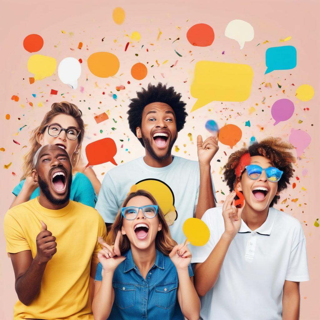 A dynamic collage of people laughing while watching viral smash videos, with colorful speech bubbles showing funny highlights, and cartoonish characters performing hilarious stunts in the background. Add confetti and emojis to amplify the joyful atmosphere. Incorporate a bright, cheerful color palette to evoke happiness and amusement. cartoonish style. vibrant colors. white background.