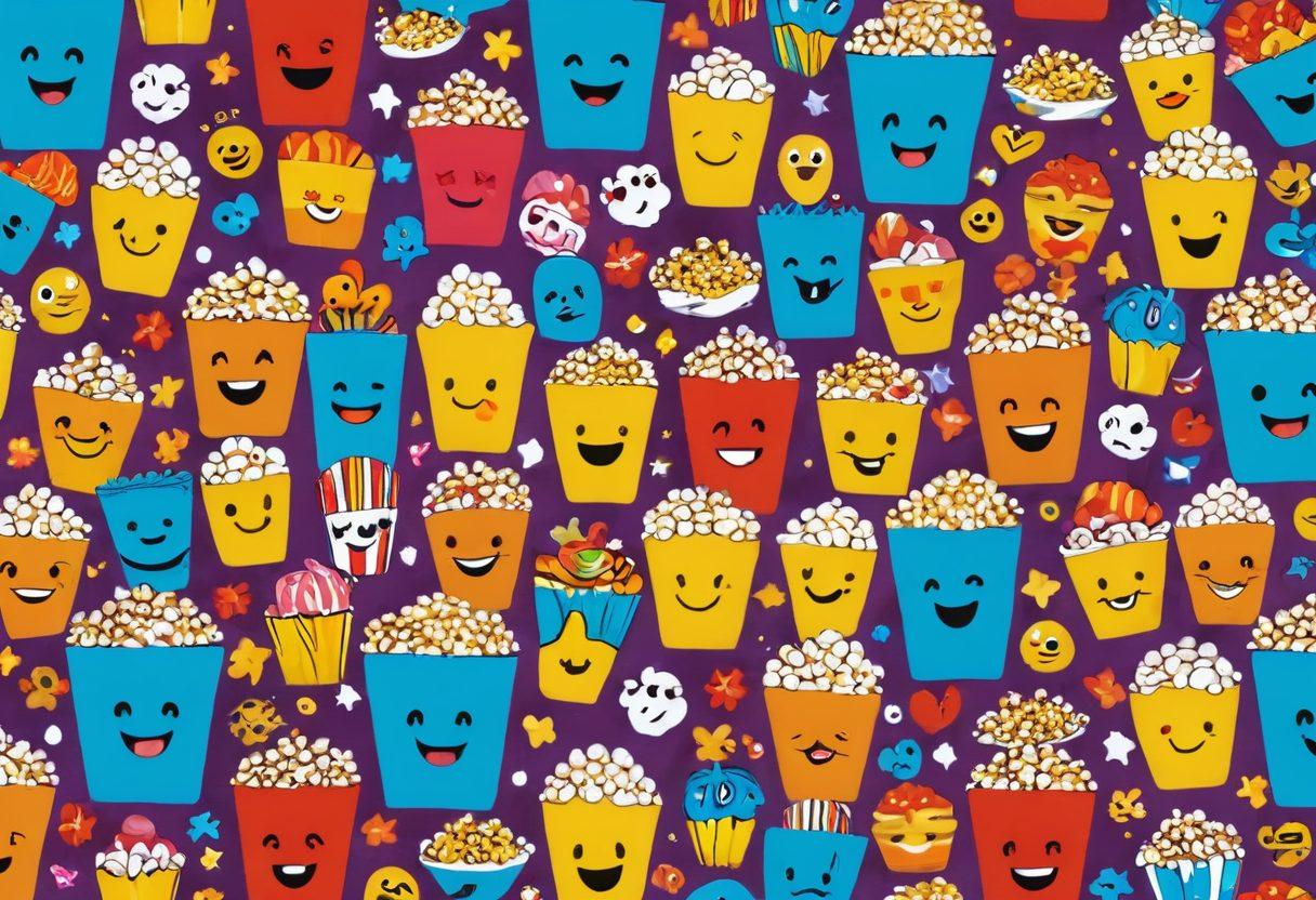 A dynamic collage of people laughing and sharing funny videos on their devices, surrounded by animated emojis and playful graphics. Include a vibrant popcorn bucket spilling over with colorful treats, and a whimsical background filled with screen-like shapes showcasing snippets of hilarious moments. The overall tone should be lively and engaging, evoking a sense of fun and excitement. super-realistic. vibrant colors. playful style.